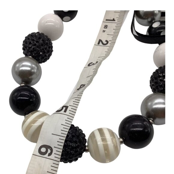 Chunky Beaded Girls Necklace With Ribbon Tie Closure In Black White & Silver - Picture 7 of 11